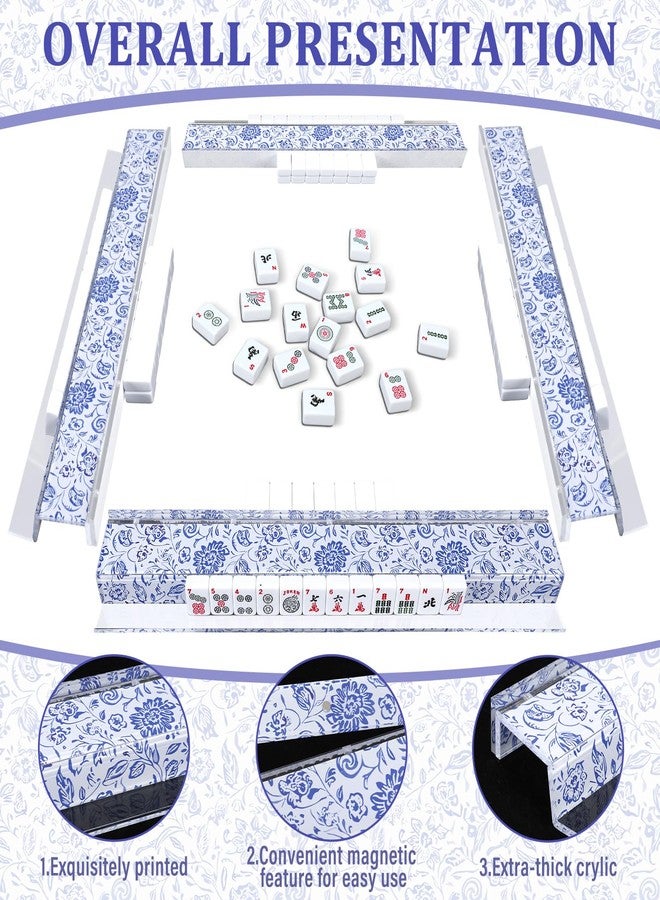 LaRandom 4 Pack Magnetic Chinoiserie Floral Mahjong Tile Racks with Removable Acrylic Pushers, 18.5 Inch Length American Mahjong Racks Holders with Blue Chinoiserie Pattern, Fits All Tile Sets - Image 3